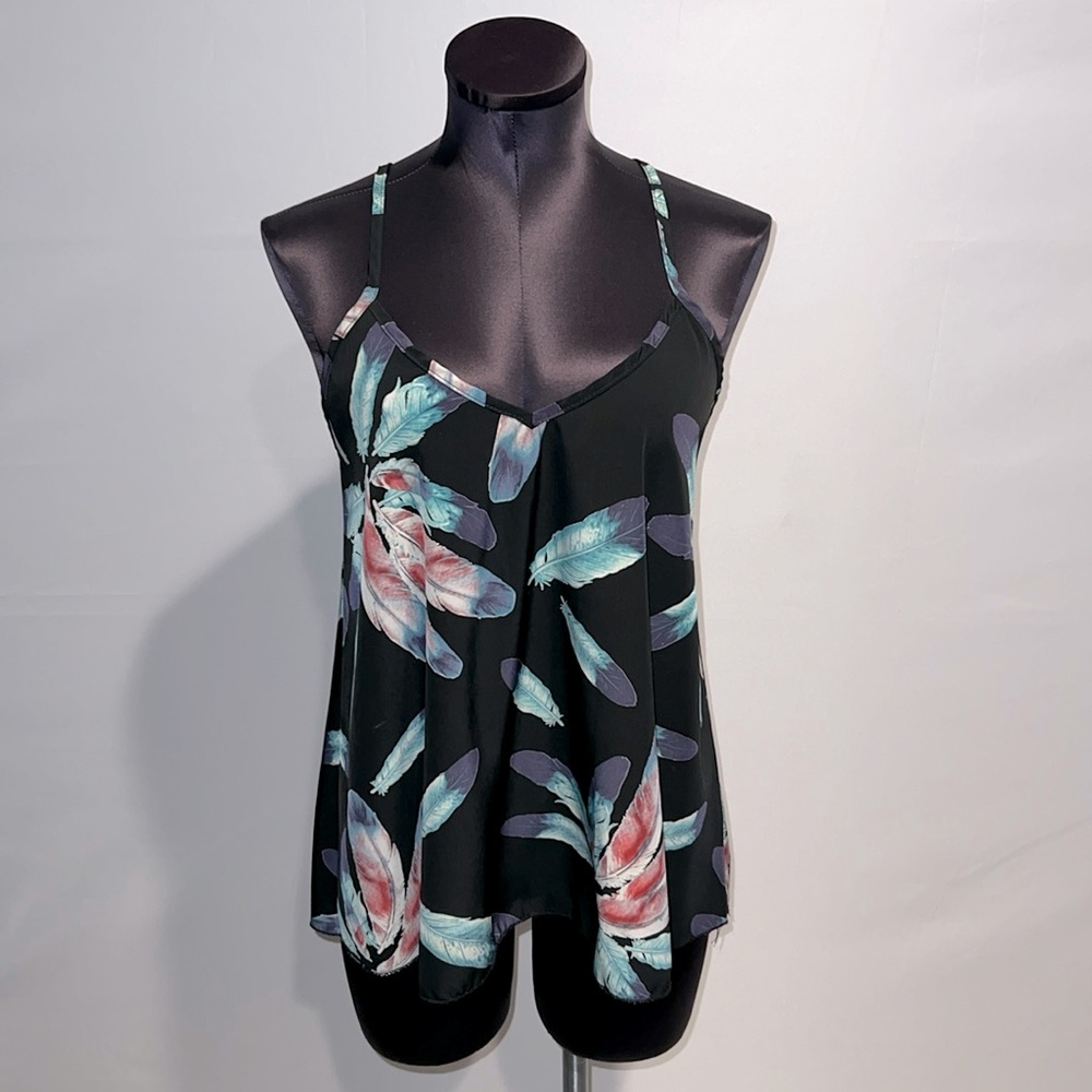 Oatt USA black CrissCross Back Sleeveless Top with Feathers Pattern Design!